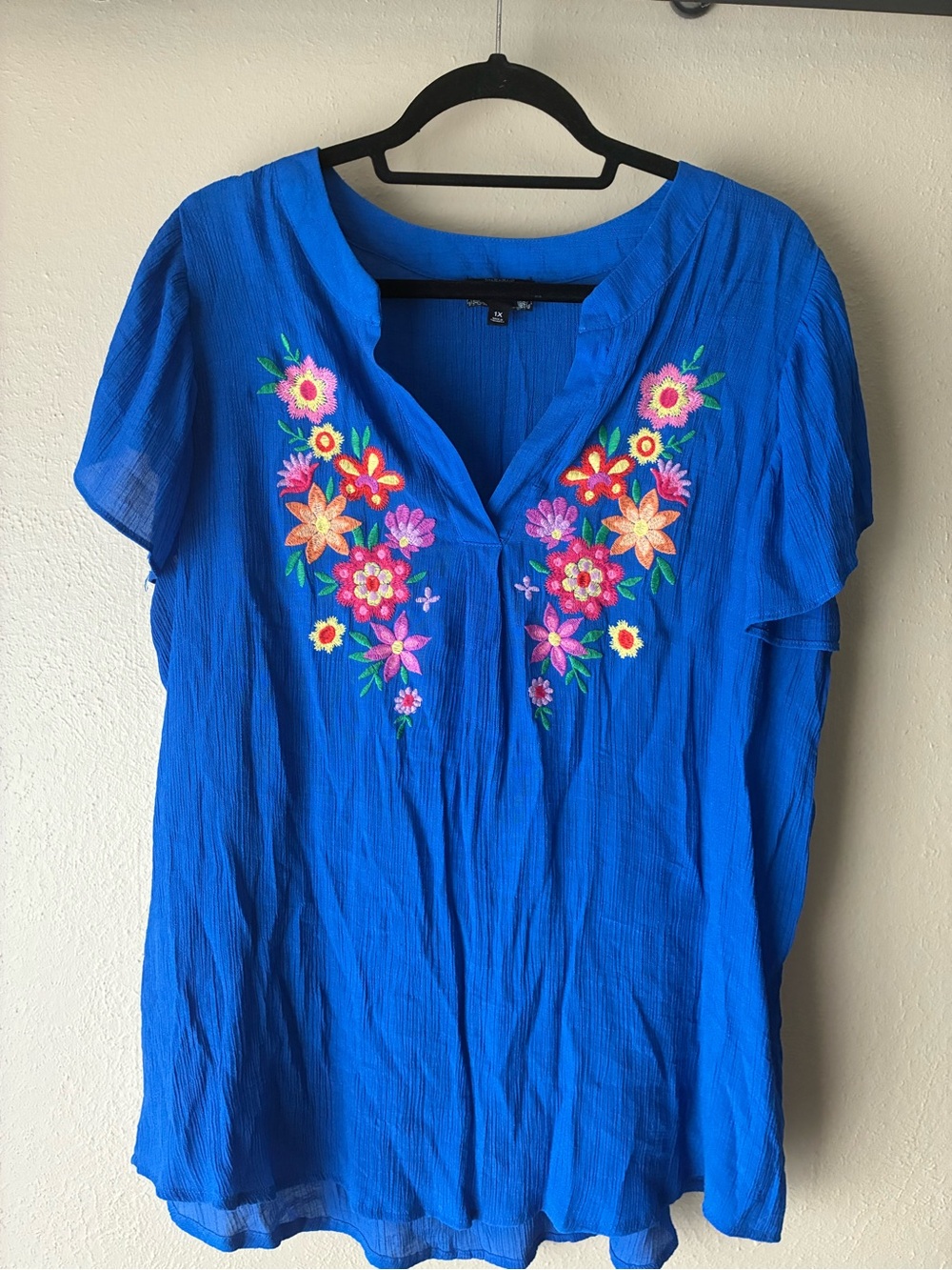Blu Pepper Royal Blue Short-Sleeve V-Neck Top with Multicolor Floral Embroidery